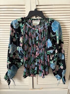 Vintage Juliet Dunn Black Floral Blouse with Blue and Pink Accents